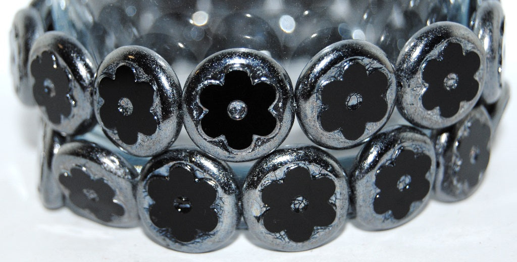 Table Cut Round Beads With Flower, Black Hematite (23980 14400), Glass, Czech Republic