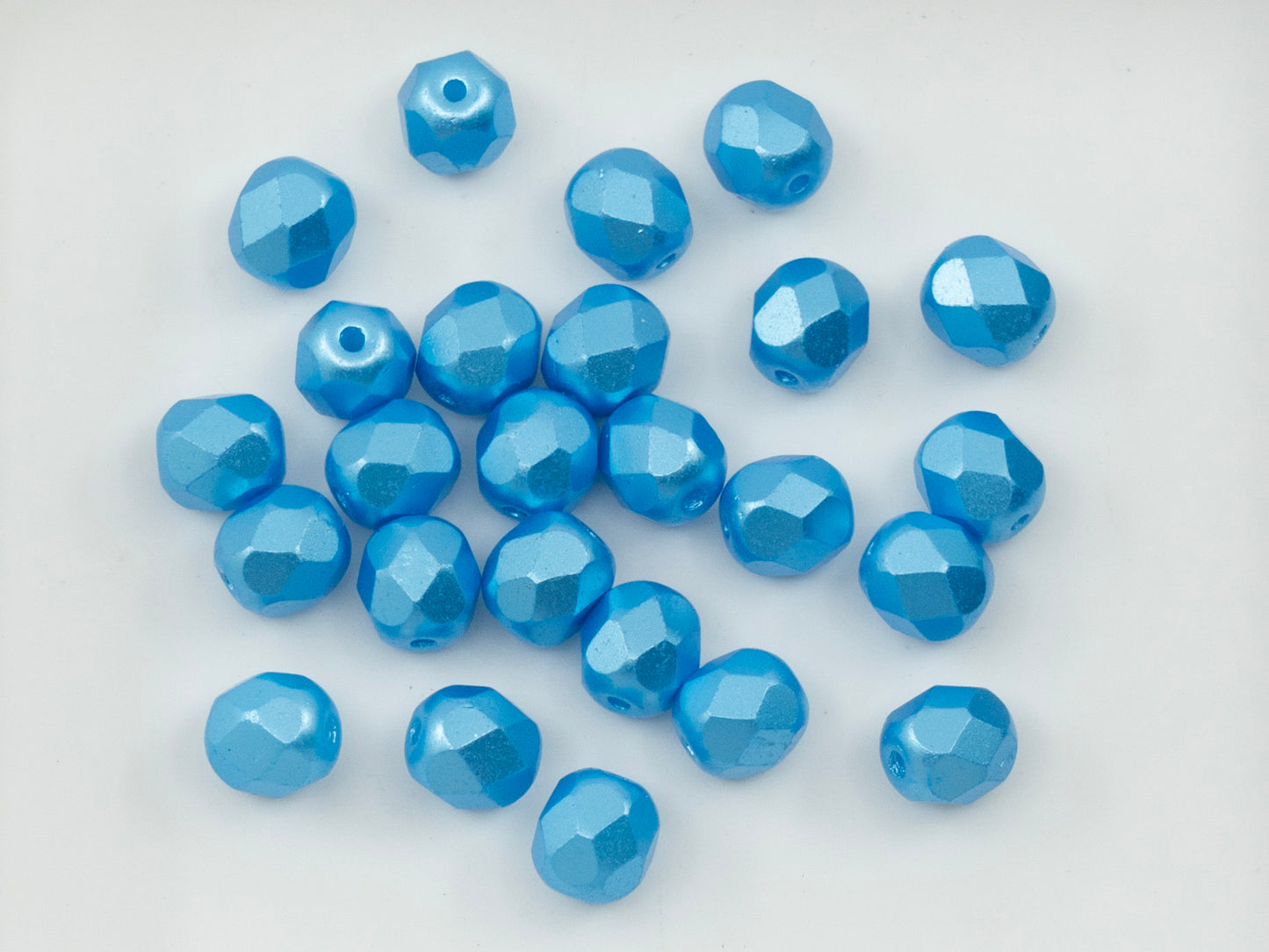 Facted Fire Polish Round Beads Pastel Blue (25020), Glass, Czech Republic