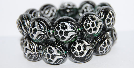 Round With Flower Pressed Glass Beads, Transparent Green Emerald 54201 (50150 54201), Glass, Czech Republic