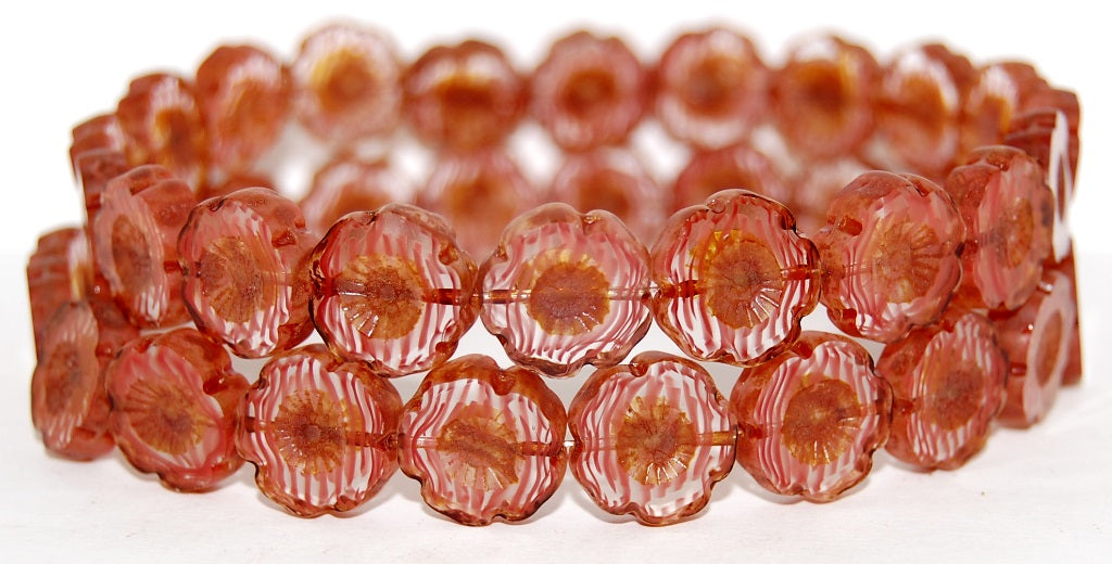 Table Cut Round Beads Hawaii Flowers, 8911 Travertin (8911 86800), Glass, Czech Republic