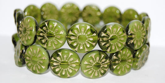 Flat Round With Flower Pressed Glass Beads, Olive Green 54202 (6508 54202), Glass, Czech Republic