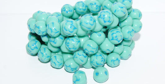 Round Pressed Glass Beads With Rose, Turquoise 46460 (63130 46460), Glass, Czech Republic