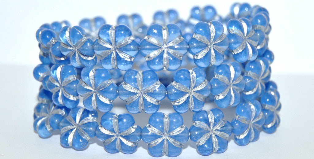 6-Petal Flower Pressed Glass Beads, Opal Blue 54201 (31010 54201), Glass, Czech Republic