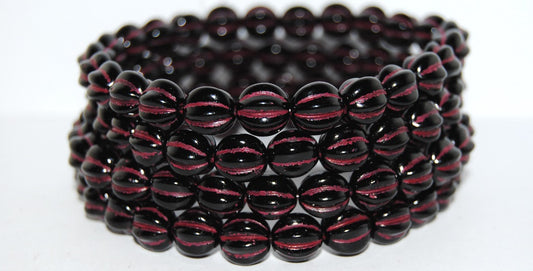 Melon Round Pressed Glass Beads With Stripes, Black 46490 (23980 46490), Glass, Czech Republic