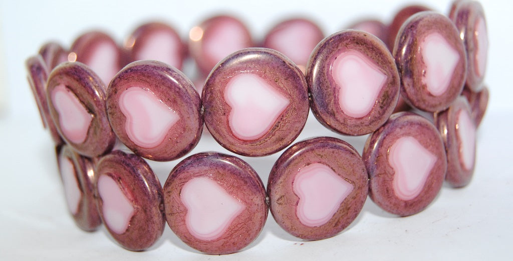 Table Cut Round Beads With Heart, Opaque Pink Bronze (73030 14415), Glass, Czech Republic