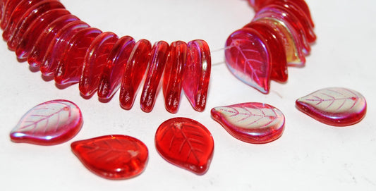 Leaf Pressed Glass Beads, Transparent Red Ab (90060 Ab), Glass, Czech Republic