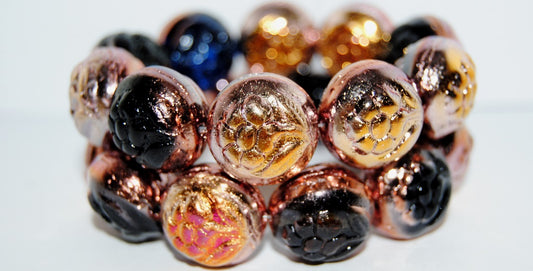 Round With Flower Pressed Glass Beads, Color Mixed Colors 27101 (Color Mix 27101), Glass, Czech Republic