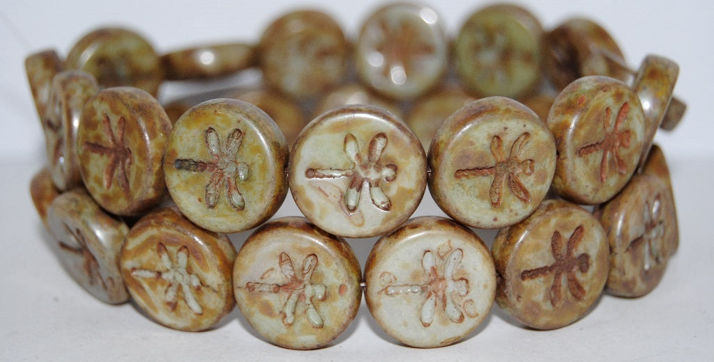 Round Flat Wit Dragonfly Pressed Glass Beads, White Stain With Luster Green (2010 65455), Glass, Czech Republic