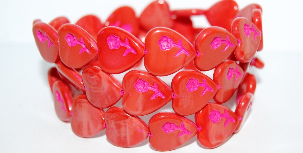 Heart Pressed Glass Beads With Flower, Red 46470 (93400 46470), Glass, Czech Republic