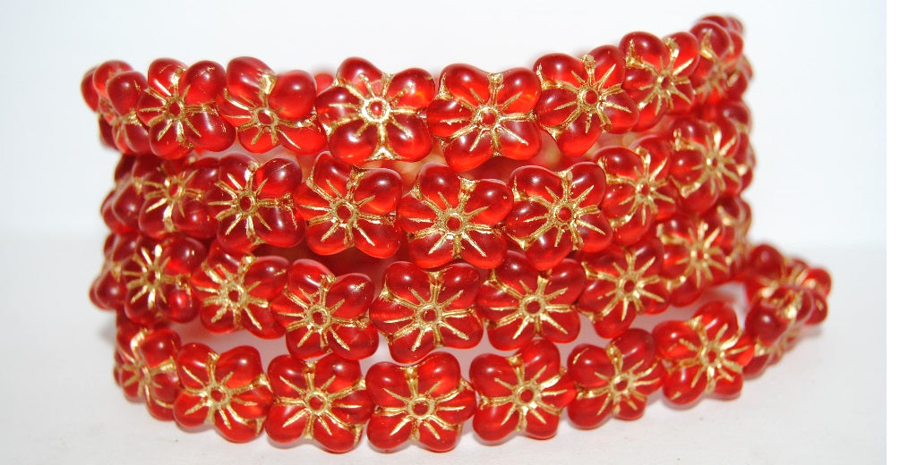 Flower Pressed Glass Beads, Transparent Red 54202M (90060 54202M), Glass, Czech Republic