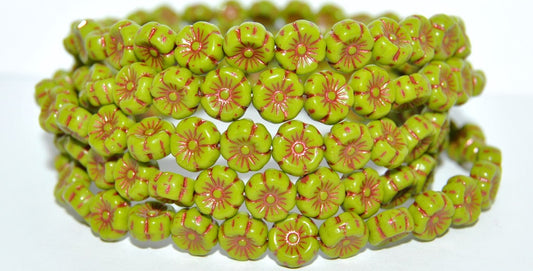 Hawaii Flower Pressed Glass Beads, Opaque Green 43806 (53400 43806), Glass, Czech Republic