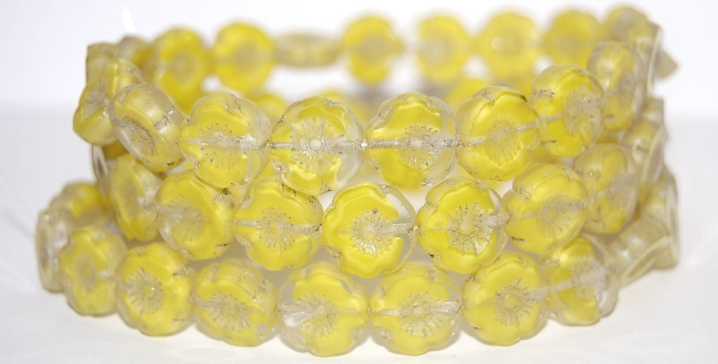 Table Cut Round Beads Hawaii Flowers, 86028 Luster Cream (86028 14401), Glass, Czech Republic