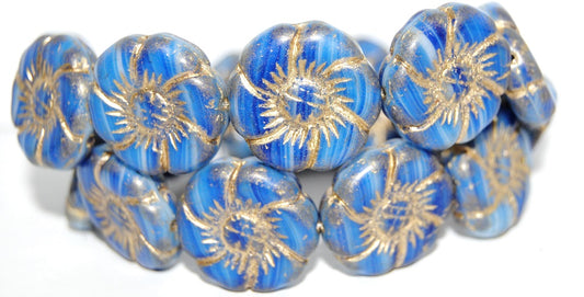 6-Petal Flower Pressed Glass Beads, Opaque White Blue Striped 54202 (35000 54202), Glass, Czech Republic