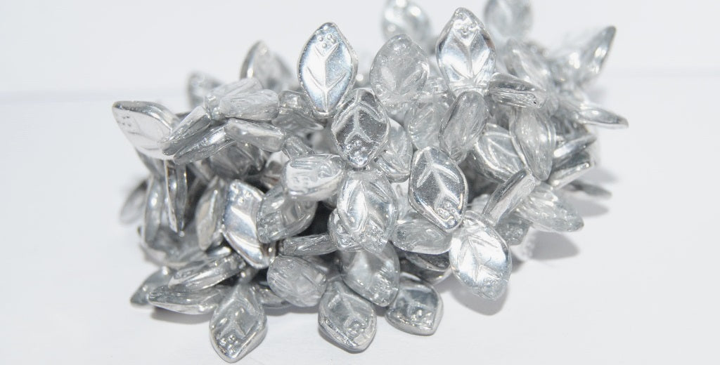 Leaf Pressed Glass Beads With Dots, Crystal Crystal Silver Half Coating (30 27001), Glass, Czech Republic