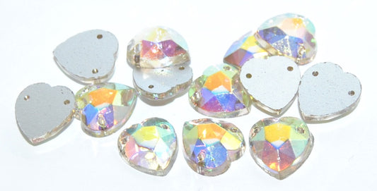 Cabochons Heart Faceted Flat Back Sew-On With 2 Holes, (Crystal Ab Similization), Glass, Czech Republic