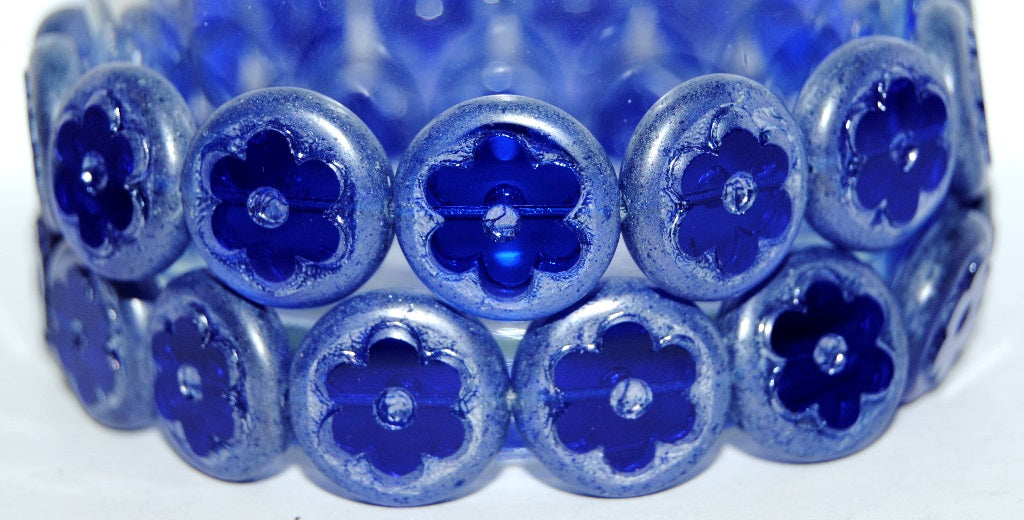 Table Cut Round Beads With Flower, Transparent Blue Luster Cream (30080 14401), Glass, Czech Republic