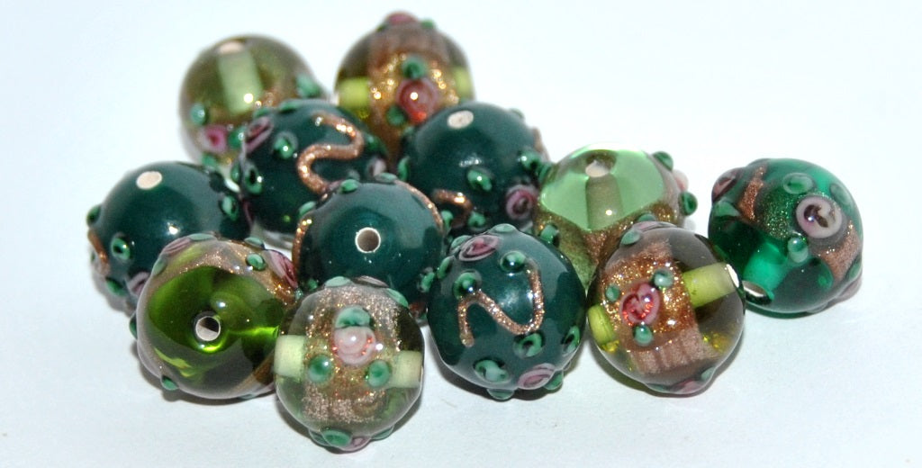 Czech Glass Hand Made Round Lampwork Beads With Flower, (E), Glass, Czech Republic