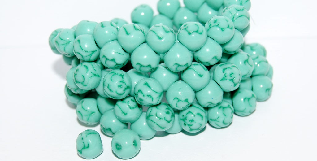 Round Pressed Glass Beads With Rose, Turquoise 46450 (63130 46450), Glass, Czech Republic