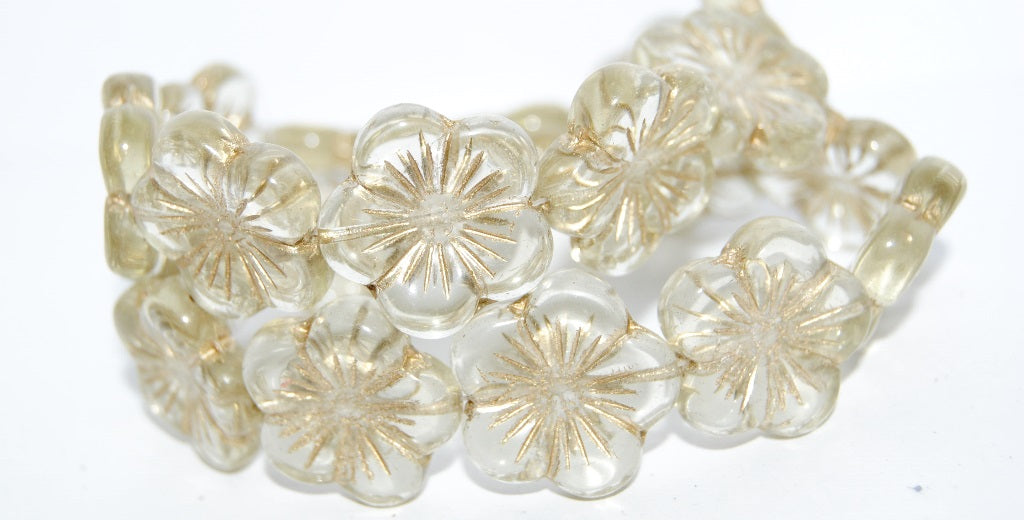 Round Flower Hibiskus Pressed Glass Beads, Transparent Yellow 54202 (80100 54202), Glass, Czech Republic