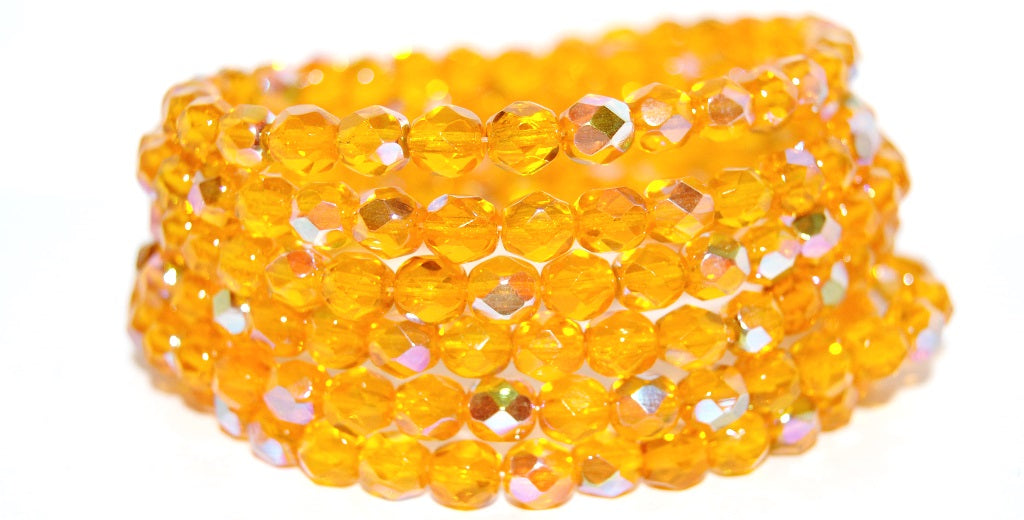 Fire Polished Round Faceted Beads, Transparent Orange Ab (90020 Ab), Glass, Czech Republic