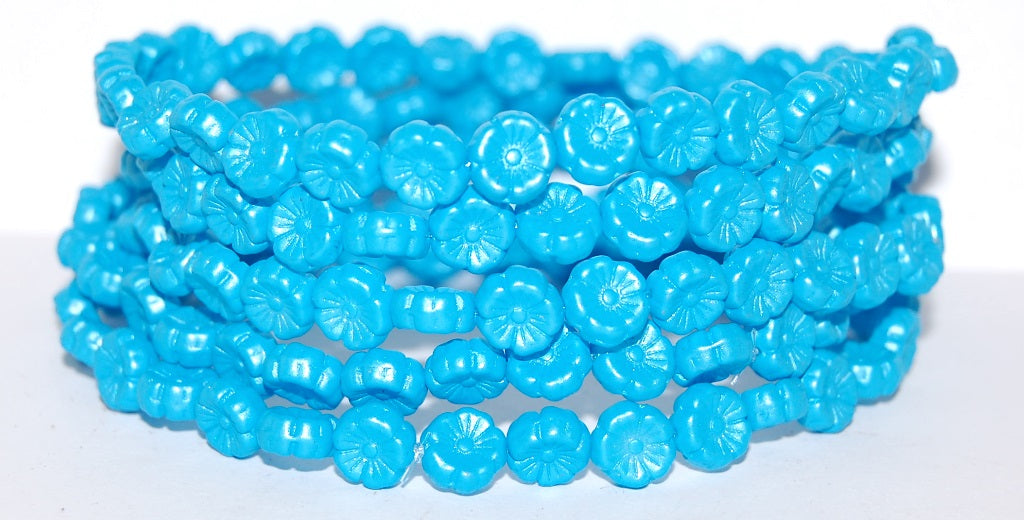 Hawaii Flower Pressed Glass Beads, Aqua (25019), Glass, Czech Republic
