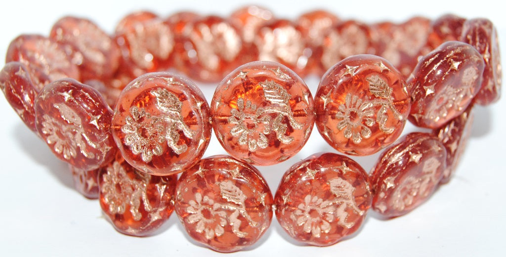 Round Flat With Flower Marguerite Pressed Glass Beads, Transparent Pink 54200 (70100 54200), Glass, Czech Republic