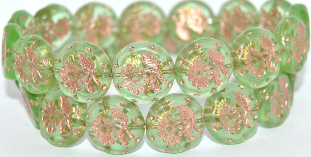 Round Flat With Flower Marguerite Pressed Glass Beads, Transparent Green 54200 Uranium (50800 54200 Uranium), Glass, Czech Republic