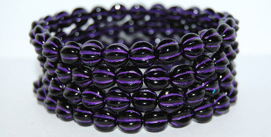 Melon Round Pressed Glass Beads With Stripes, Black 46420 (23980 46420), Glass, Czech Republic