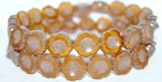 Table Cut Round Beads Hawaii Flowers, Opal Orange Hematite (11000 14400), Glass, Czech Republic