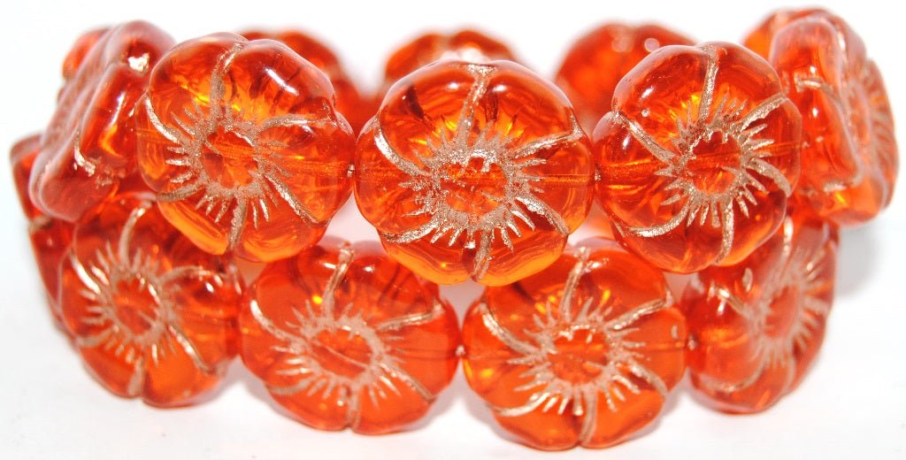 6-Petal Flower Pressed Glass Beads, Transparent Orange 54200 (90020 54200), Glass, Czech Republic