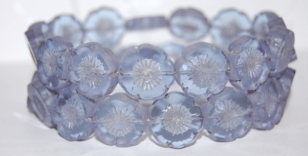 Table Cut Round Beads Hawaii Flowers, Transparent Light Amethyst Luster Cream (20210 14401), Glass, Czech Republic