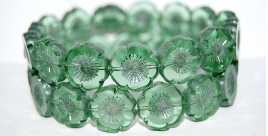 Table Cut Round Beads Hawaii Flowers, Transparent Green Luster Green Full Coated (50520 14457), Glass, Czech Republic