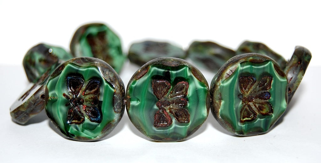 Table Cut Round Beads With Butterfly, 26507 Travertin (26507 86800), Glass, Czech Republic