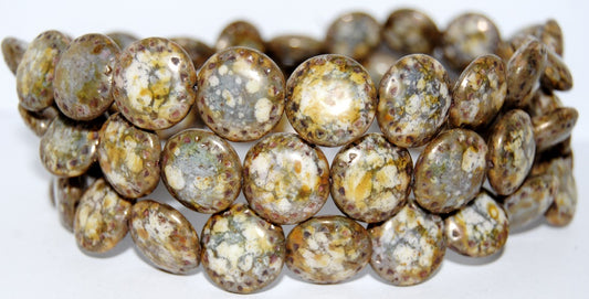 Flat Round Pressed Glass Beads With Ornament, Senegal Copper (15635), Glass, Czech Republic