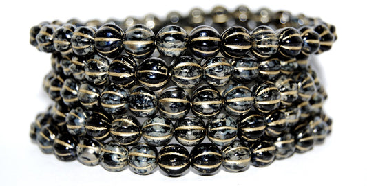 Melon Round Pressed Glass Beads With Stripes, Black 4354202 (23980 4354202), Glass, Czech Republic