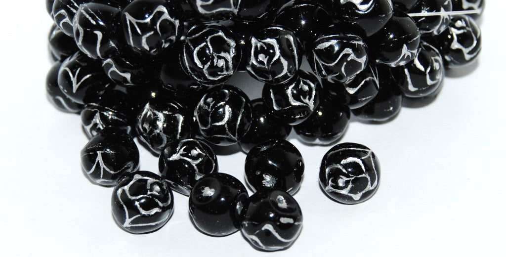 Round Pressed Glass Beads With Rose, Black 54201 (23980 54201), Glass, Czech Republic