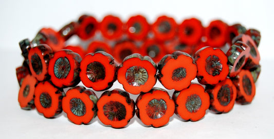 Table Cut Round Beads Hawaii Flowers, Opaque Orange Travertin (93160 86800), Glass, Czech Republic