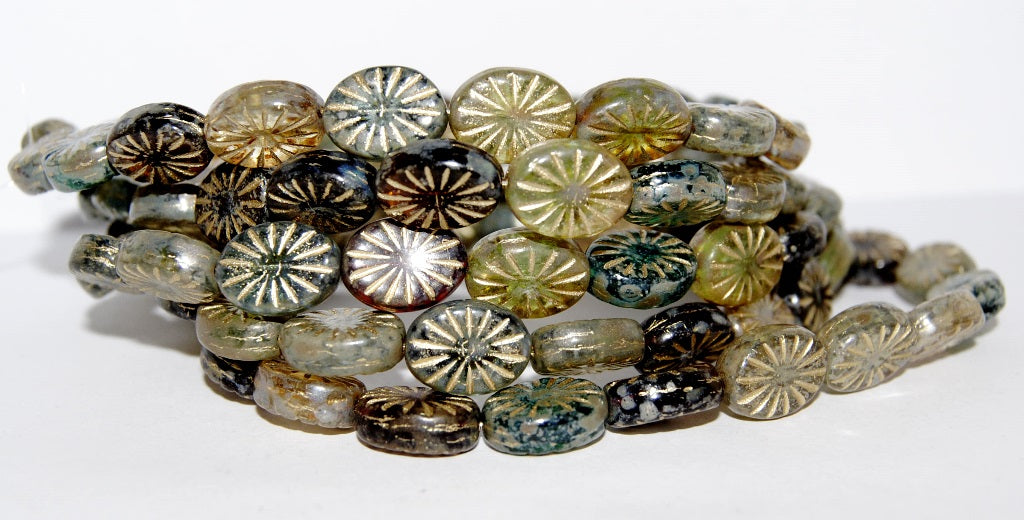 Flat Oval Pressed Glass Beads With Rays, Color Mixed Colors 4354202 (Color Mix 4354202), Glass, Czech Republic