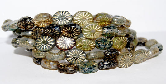 Flat Oval Pressed Glass Beads With Rays, Color Mixed Colors 4354202 (Color Mix 4354202), Glass, Czech Republic