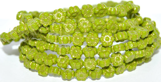 Hawaii Flower Pressed Glass Beads, Opaque Green 43803 Metalic (53400 43803 Metalic), Glass, Czech Republic
