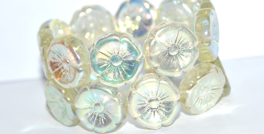 Hawaii Flower Pressed Glass Beads, Transparent Yellow Ab 2Xside (80100 Ab 2Xside), Glass, Czech Republic