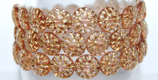 Round Flower Edelweiss Pressed Glass Beads, Transparent Pink 54202 (70110 54202), Glass, Czech Republic