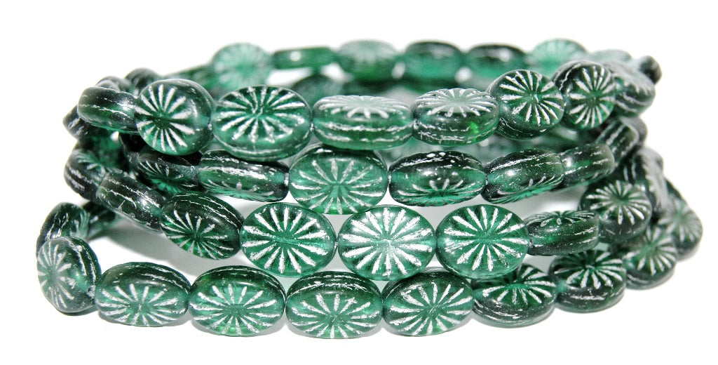 Flat Oval Pressed Glass Beads With Rays, Transparent Green Emerald 54201 (50710 54201), Glass, Czech Republic
