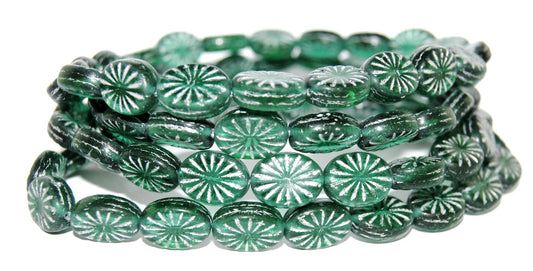 Flat Oval Pressed Glass Beads With Rays, Transparent Green Emerald 54201 (50710 54201), Glass, Czech Republic