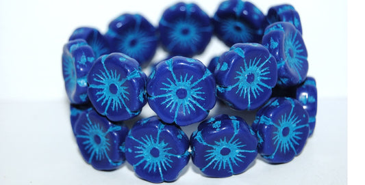 Hawaii Flower Pressed Glass Beads, Opaque Blue 46460 (33070 46460), Glass, Czech Republic