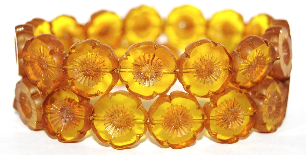 Table Cut Round Beads Hawaii Flowers, Transparent Yellow Luster Red Full Coated (80010 14495), Glass, Czech Republic