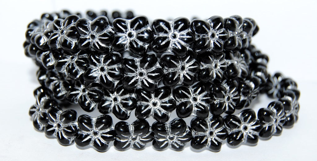 Flower Pressed Glass Beads, Black 54201 (23980 54201), Glass, Czech Republic