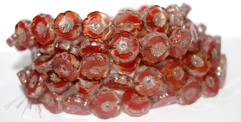 Table Cut Round Beads Hawaii Flowers, Orange 43400 (96028 43400), Glass, Czech Republic