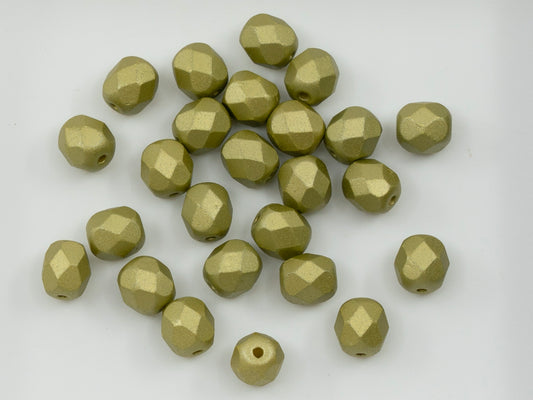 Facted Fire Polish Round Beads Pastel Olive (25021), Glass, Czech Republic