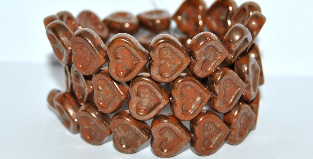 Heart With Heart Pressed Glass Beads, Opaque Brown Terracotta Copper (13600 15435), Glass, Czech Republic